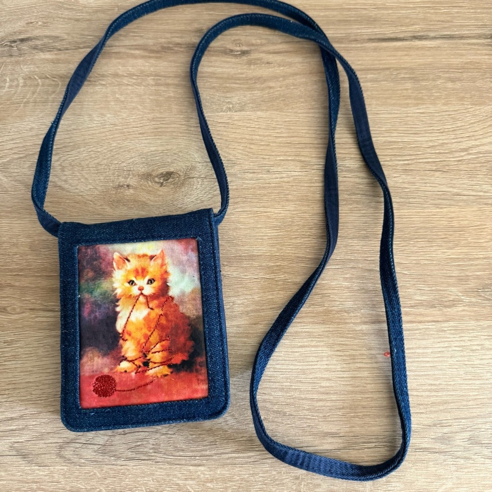 Vintage Denim Crossbody Wallet Purse Cat Embroidery Kitten Graphic Small Bag